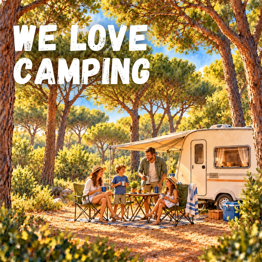 Una famiglia in campeggio all’aperto accanto a una roulotte, seduta attorno a un tavolo con sedie pieghevoli tra alberi in una foresta soleggiata; in alto a sinistra si legge 'WE LOVE CAMPING'.