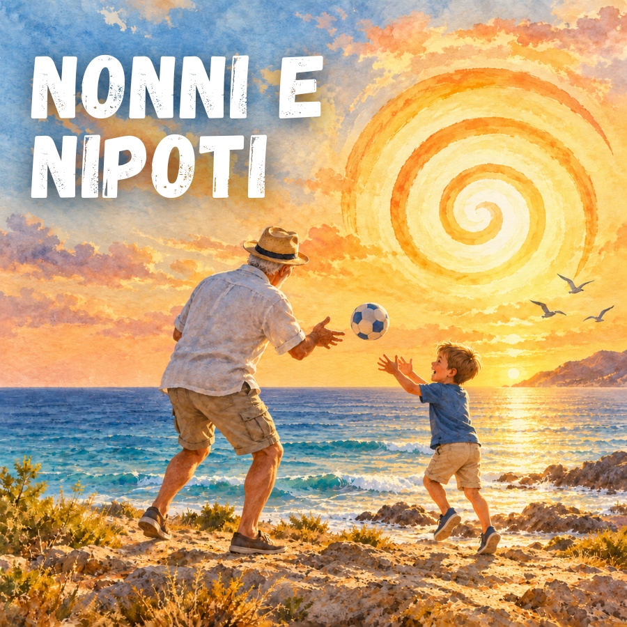 Un nonno e suo nipote giocano a calcio sulla spiaggia al tramonto, con il mare e il cielo dorato sullo sfondo.