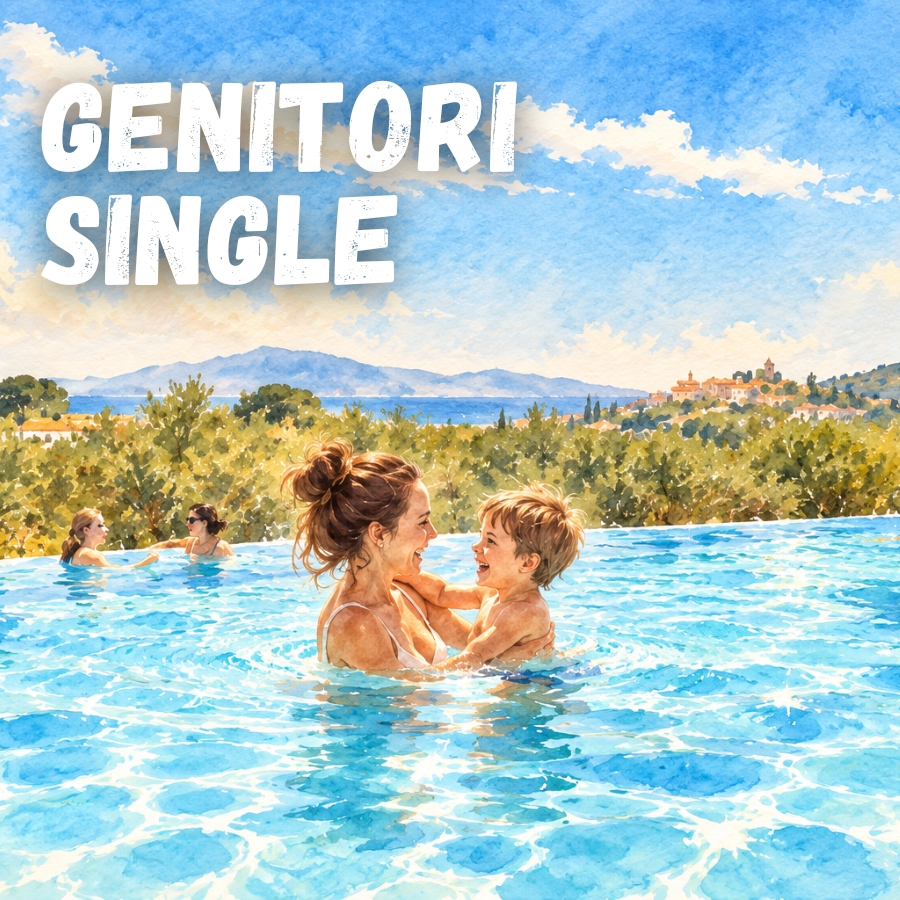Una madre con un bambino in braccio in una piscina all'aperto, sullo sfondo un paesaggio mediterraneo con mare, colline e cielo azzurro, e in alto a sinistra è visibile il testo 'GENITORI SINGLE'.