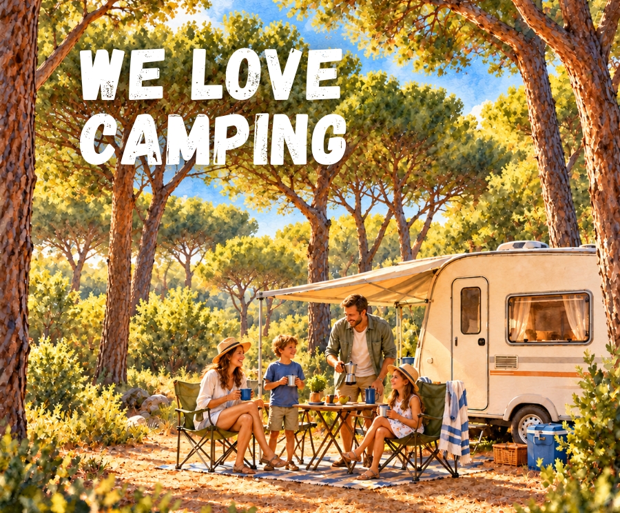 Una famiglia in campeggio accanto a una roulotte, seduta a un tavolo all'aperto tra gli alberi, mentre si gode un momento di relax; in alto si legge la scritta WE LOVE CAMPING.